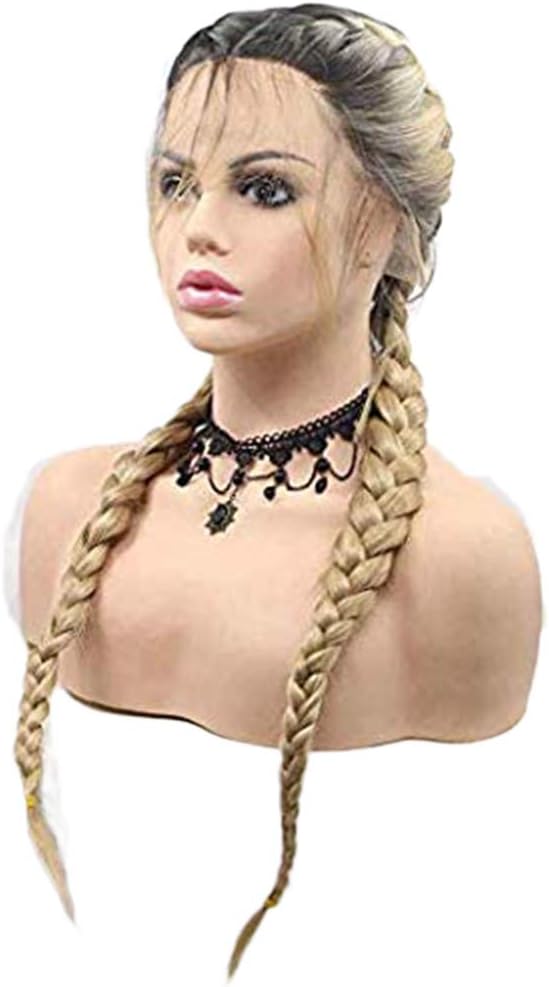 Golden White Blonde Braided Wigs for Women Double Braids Long Synthetic Lace Front Wig with Baby Hair Dark Roots Cheap Glueless Heat Resistant Fiber Hair Wig for Party Cosplay Wig 22inch - Image 4