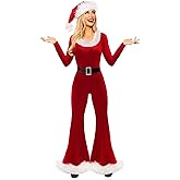WNGECAT Women Christmas Santa Costume Long Sleeve Flared Jumpsuit with Santa Hat Set Velvet Mrs. Claus Cosplay Outfits
