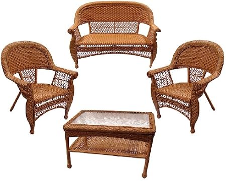 Amazon Com Gerson 4pc Brown Wicker Outdoor Table Loveseat And Chairs Patio Set 50 Garden Outdoor