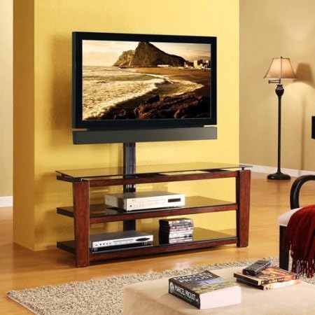 TV Stand for TVs up to 60" Inches with Black Tempered Glass Shelves Made of Wood, Glass, Steel in Brown Cherry Finish 52"W x 21.5"D x 22-58"H in.