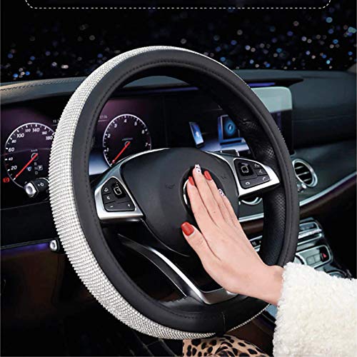 Zadin New Diamond Leather Steering Wheel Cover with Bling Bling Crystal Rhinestones, Universal Fit 15 Inch Anti-Slip Wheel Protector for Women Girls,Black