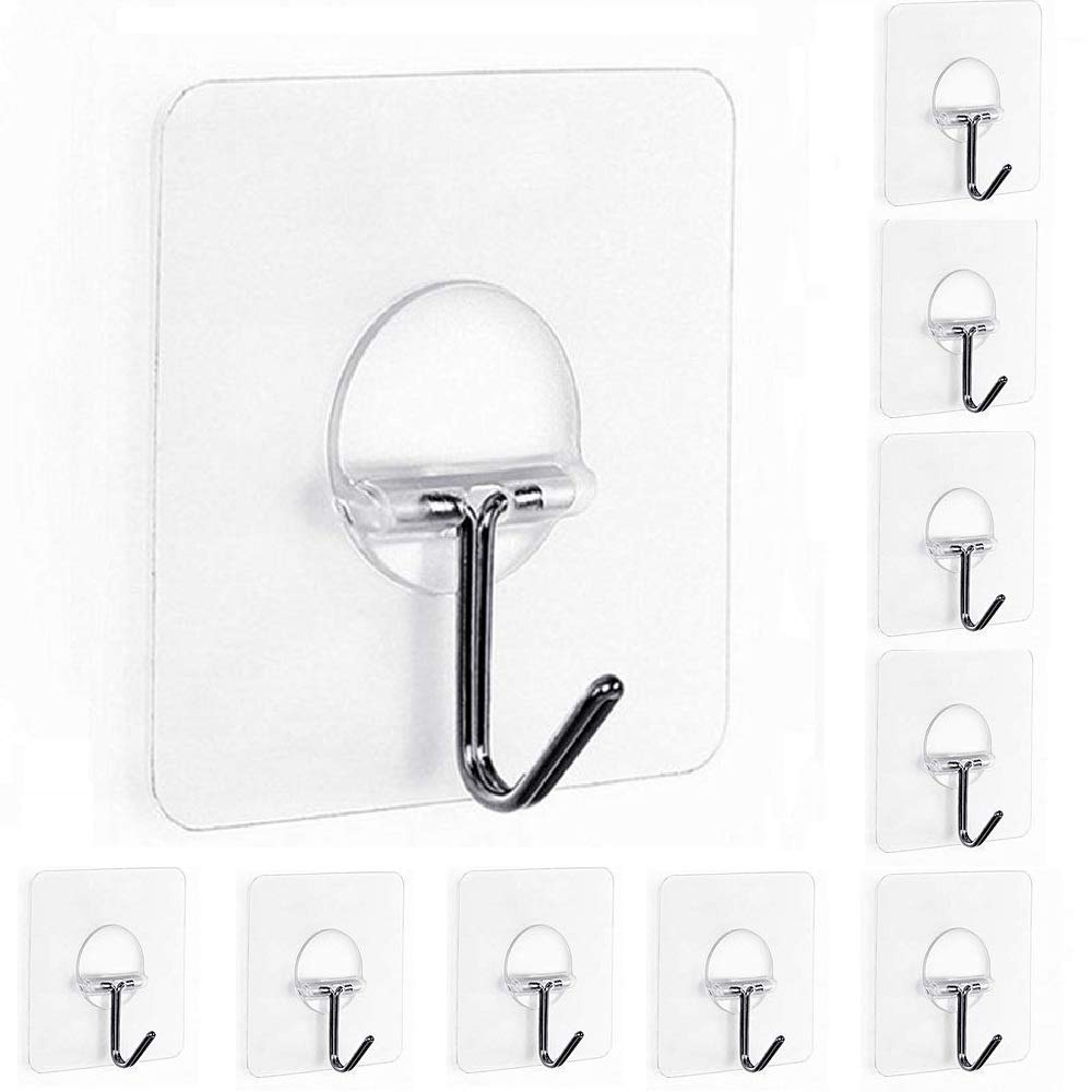 Fealkira 13.2lb/6kg(Max) Wall Utility Adhesive Hooks for Towel Loofah Bathrobe Coats,Bathroom Kitchen Nail Free Transparent Heavy Duty Wall hook & Ceiling Hanger(10pcs)