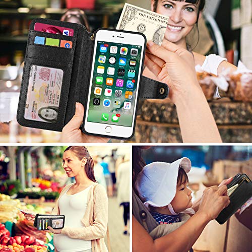 Cornmi Compatible for iPhone 8 Wallet Case, Detachable Wallet Leather Cover 10 Card Slots Wristlet and Shoulder Strap Handbag Purse Flip Stand Slim Mirror case Compatible for iPhone 6 7 8