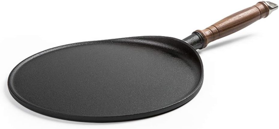 Cast Iron Pancake Crepes Frying Pan Pre-Seasoned with WALNUT Handle, for steak, pizza, Suitable for All Hobs Including Induction,Black