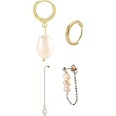 4pcs Gold Earrings Set 14K Gold Plated Pearl Dangle Hoop Earrings for Women Trendy Small Drop Chain Hoops Perfect for Multiple Piercings Special Occasions