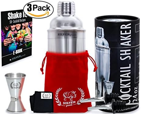 Cocktail Shaker Set - Professional Bartender Kit in a Luxury Bag, Martini Bar Mixed Build-in Strainer Jigger 2 Pourers and eBook with over 50 recipes - Barware Tools by SILVERgrade - 3 Pack