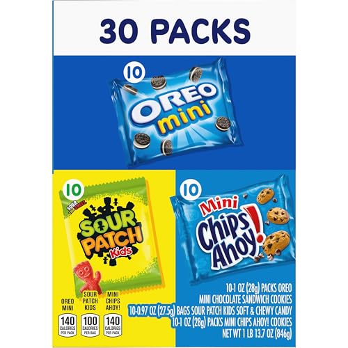 NABISCO COOKIES AND CANDY VARIETY PACK, SOUR PATCH KIDS SOFT & CHEWY GUMMY CANDY, OREO MINIS AND CHIPS AHOY! MINIS COOKIES, 30 SNACK PACKS