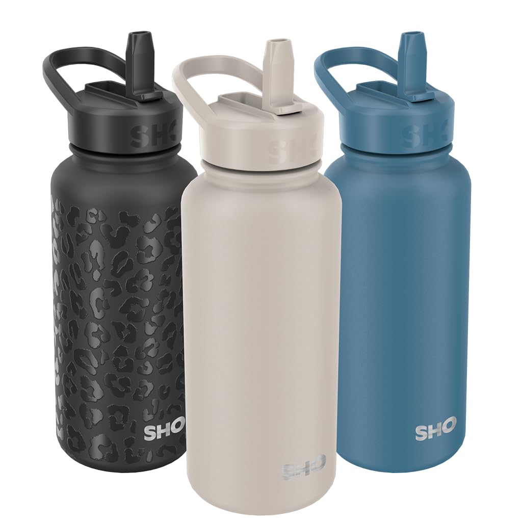 SHO Guzzler Water Bottle with Straw Lid - Leakproof, Dishwasher Safe, BPA Free, No Sweat, Vacuum Insulated Double Walled Metal Flask, 950ml & 1900ml - 24 Hours Cold (Soft Taupe, 950ml)