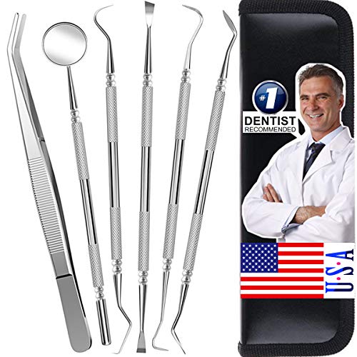 Dental Tools Cbiumpro 6 Pack Teeth Cleaning Tools Professional Dental Hygiene Kit Plaque Scraper Tartar Remover Dental Pick Mouth Mirror for Dentist, Adults, Kids, Pet Dogs With Leather Carrying Case - Thumbnail 7