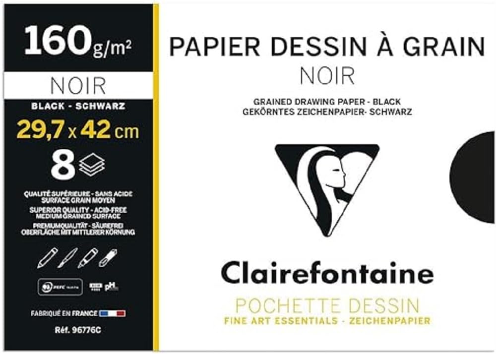 Clairefontaine - Ref 96776C - Etival Colour Black Grained Paper (8 Sheets of Paper) - A3 (42 x 29.7cm), 160gsm Cellulose Art Paper with Grained Texture, Envelope Packet