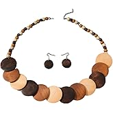 Caiyao Vintage Wooden Round Beaded Choker Necklace Earrings Set Bohemian Multicolor Wood Beads Sweater Chunky Necklaces Geometric Ethnic Bib Costume Statement for Women Men Weeding Jewelry Gifts