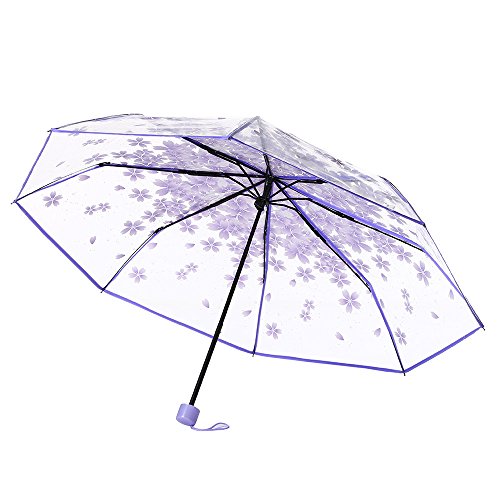 Anti-UV Sun/Rain Umbrella, Sttech1 Three Fold Transparent Clear Cherry Blossom Mushroom Sakura Folding Sunshade Rain Umbrellas for Women Girls (Purple)