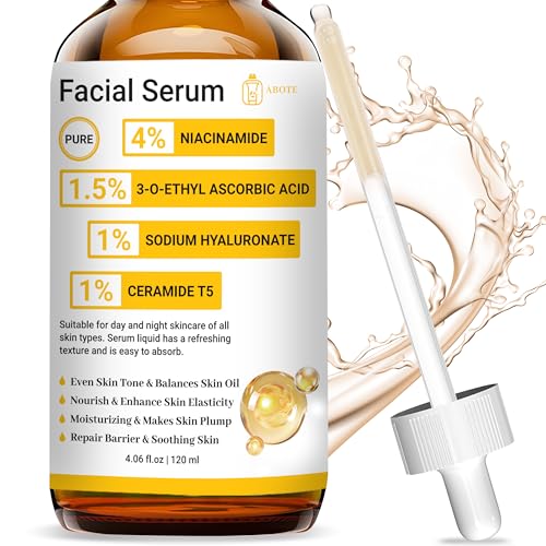 ABOTE Pure 4% Niacinamide Facial Serum with Pure 1.5% 3-O-Ethyl Ascorbic Acid | 1% Hyaluronic Acid | 1% Ceramide T5 (4fl.oz | 120ml)