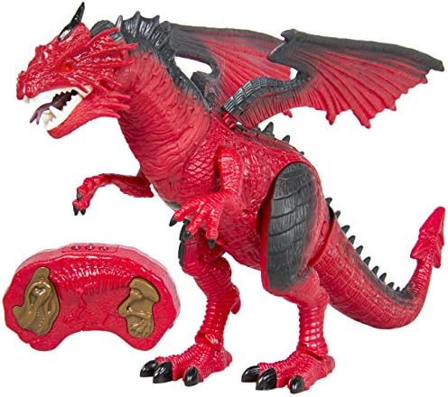 EMONO Infrared Remote Control Red Walking Dinosaur with Wings, Head Movement Fire Dragon for Kids