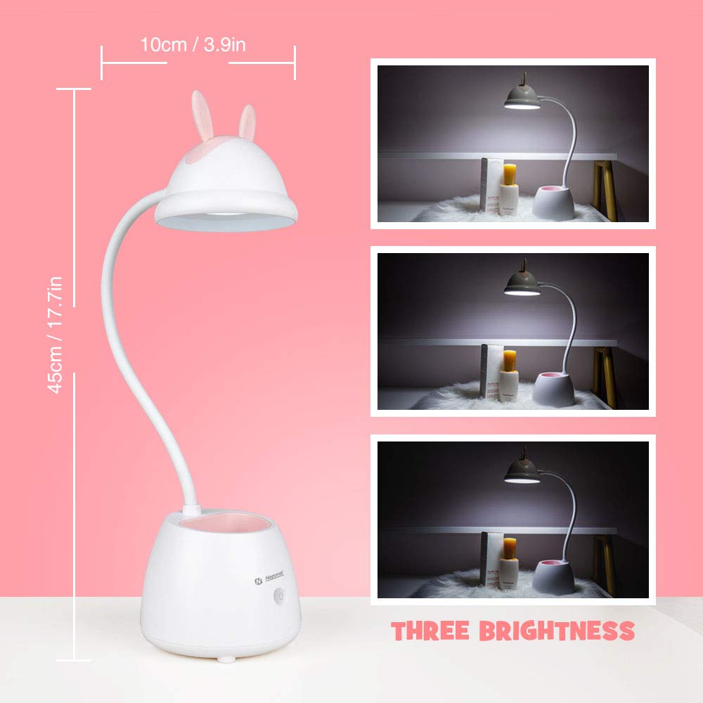 Neporal Led-Desk-Lamp-for-Kids-with-USB-Charging-Port 3 Brightness Adjustable Eye Caring Table Lamps Touch Control with Adjustable Gooseneck Wireless Study Lamp with Pen Holder for Kids Bedroom
