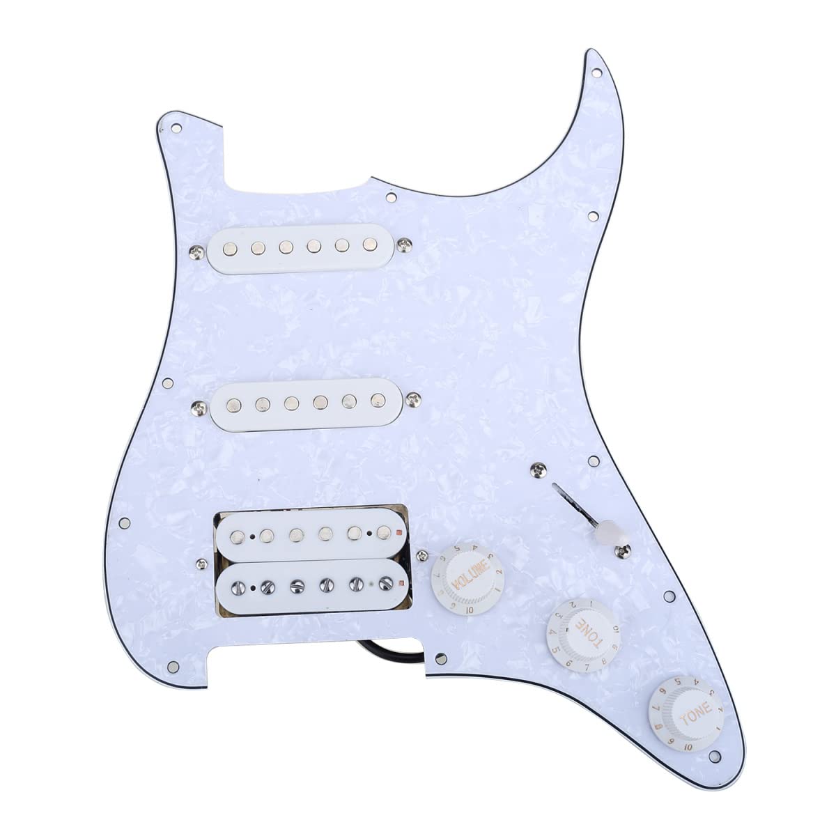 Musiclily 11 Hole SSH Loaded Pickguard Strat Prewired Pickguard Scratchplate with Single Coil Humbucker Pickups Set for Strat ST Style Electric Guitar,4Ply White Pearl