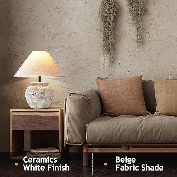 SANDYHA RUSTIC FARMHOUSE CROCK POT TABLE LAMP HANDMADE CREATIVE CERAMIC TABLE LAMP SOUTHWEST WHITE LAMP BODY WITH OFF-WHITE FABRIC LAMPSHADE BEDSIDE NIGHTSTAND FOR LIVING ROOM BEDROOM HOME OFFICE