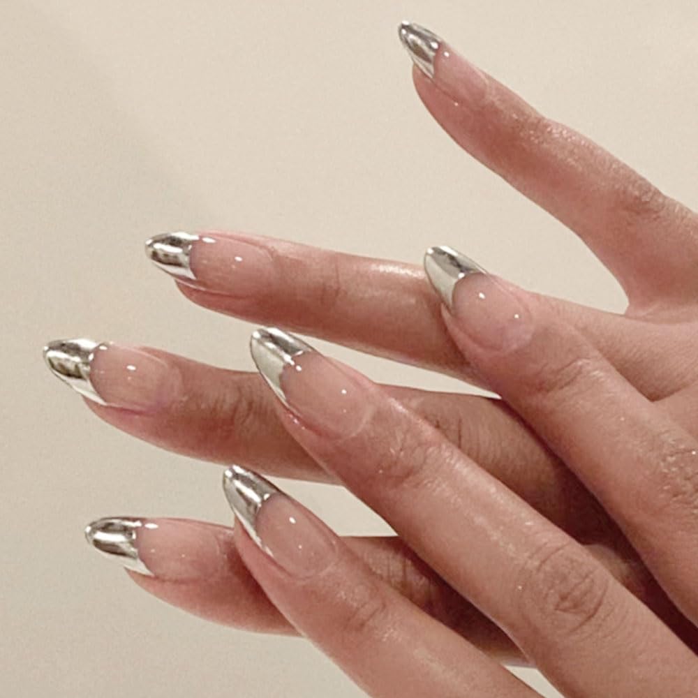 Mgmxbsth 24Pcs Almond Fake Nails,Sliver Press on Nails,Frech Style Glossy Fake Nails, Stick on Nails with Designs Stick for Women and Girls (Casual)