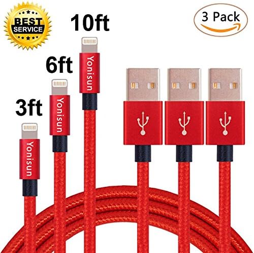 Yonisun Lightning Cable 3Pack 3ft 6ft 10ft Nylon Braided High Speed Charging USB Cable Cord for iPhone Charger 7/7 Plus/6/6s/6 Plus/6s Plus, iPhone5/5s/5c,iPad, iPod (Red)