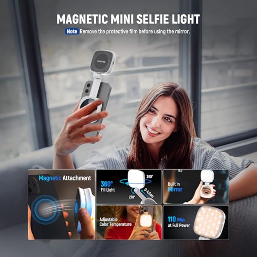 NEEWER BASICS Magnetic Selfie Light Compatible with MagSafe iPhone, CRI95 700lx/0.3 m Ring Light Folding LED Phone with Stand/Mirror for Zoom Makeup Photo Shooting Video Conference, White NL48B