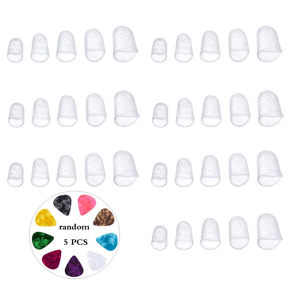 35 Pcs Guitar Silicone Finger Protector, Clear Fingertip Protection Covers Caps Finger Guards for Ukulele Electric Guitar, 5 Sizes, with 5 Guitar Picks