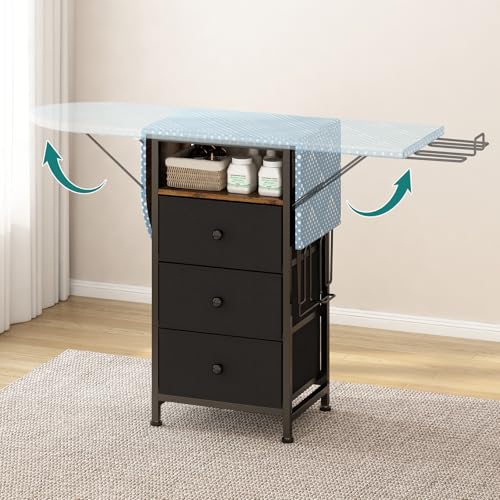 Uzelia Tabla de Planchar Plegable, 110×29×75cm, Burro de Planchar con Soporte para Plancha y Tres Cajones, Estructura de Hierro Más Estable, Adecuado para Salas de Estar, Dormitorios y Lavaderos