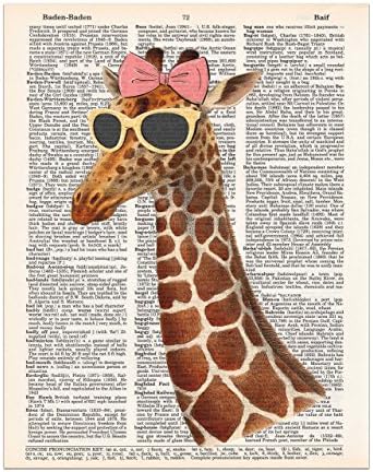 Cool Girl Giraffe with Sunglasses and a Pink Bow, Dictionary Page Art Print, 8x11 UNFRAMED