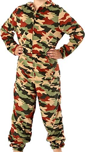 Boys Hidden Plane Camo Soft Beige and Green 160GSM Micro Fleece Hooded Onesie Lounge Suit Pyjammas Size Age 9-10