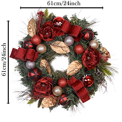 Valery Madelyn Pre-Lit 24" Trendy Red and Black Christmas Wreath with Ball Ornaments and Ribbon, Battery Operated 20 LED Lights
