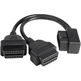 Right Angle OBD2 Splitter Y Cable 16-pin 12 Inch | OBDII 1 Male Splitter to 2 Female Extension Cable 1FT 30CM