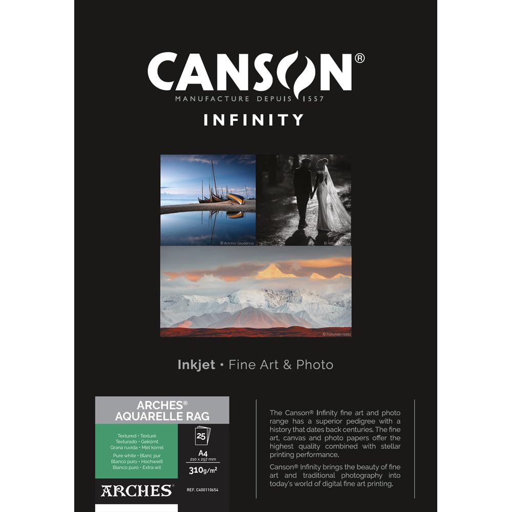 Canson Infinity Arches Aquarelle Rag Watercolour Textured Inkjet Photo Paper, 310gsm, 21 x 29.7 cm, 25 Sheets, Acid-Free, Ideal for Professional Photographers