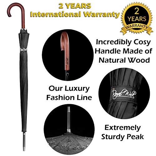 Royal Walk Groà XXL 54 inch Automatik Reise Golf Regenschirm für Damen und Herren Sturmfest Windsicher Leicht Klassisch für 2 Personen Holzgriff Wasserabweisend 16 Rippen Unisex 120cm (Schwarz) – Bild 3