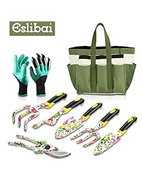 Eslibai Juego de herramientas de jardinería, aleación de aluminio, herramientas de jardín de mano con guantes suaves, una bolsa de jardín y 6 herramientas de jardín con mango antideslizante para mujeres y hombres