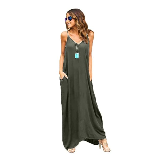 Anoir Womens V Neck Casual Loose Pocket Long Dress Strap Summer Dresses Beach Skirt Cover Up Slits