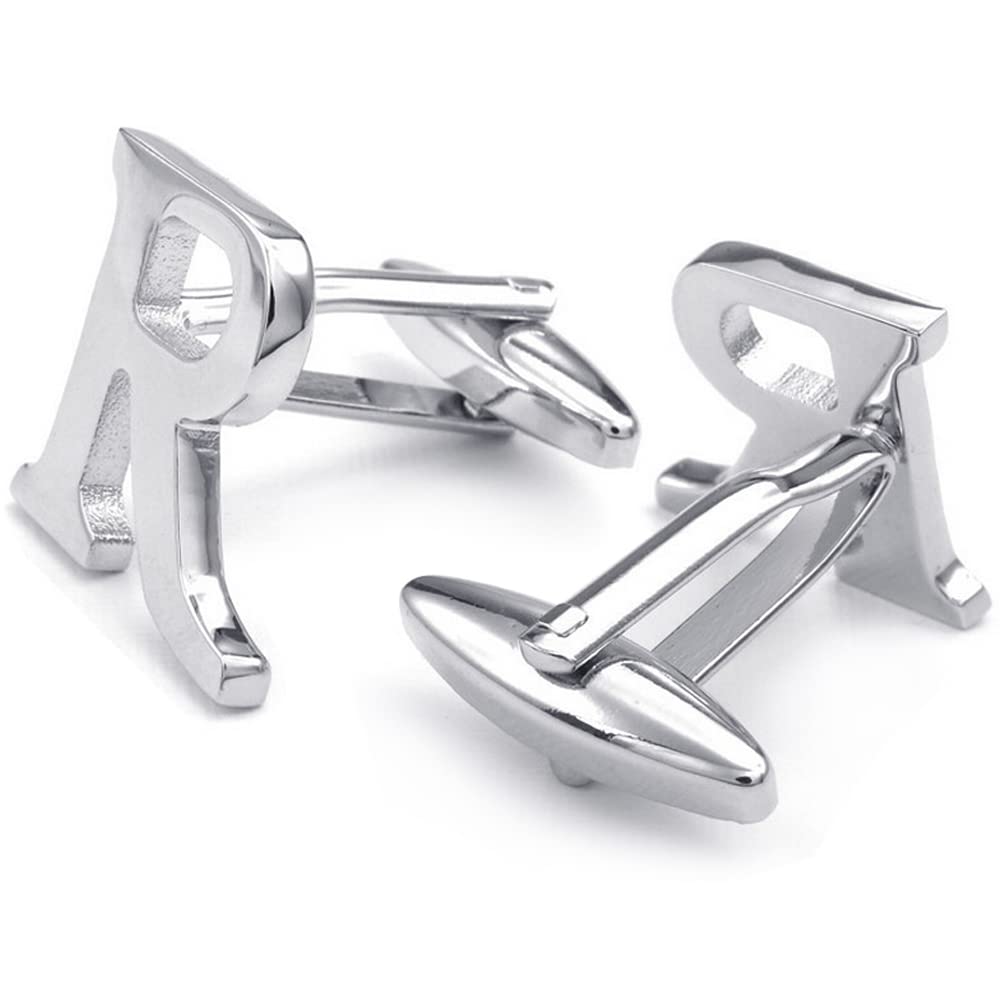HONEY BEAR Mens Initial Alphabet Letter Silver White Steel Wedding Formal Business Cufflinks (R)