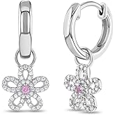 925 Sterling Silver Pink & Clear Cubic Zirconia Encrusted Flower Dangle Hoop Earrings for Young Girls 12mm - Formal Floral Hoop Earrings For Kids - CZ Dangle Hoops For Children