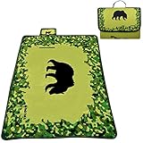 GoBackTrail FOLDING PICNIC BLANKET - Large Fold Up 60” x 78” Size - Waterproof Backing – Bear Fleece Blanket with Green Camo - Great Mat for Outdoor Dining and Camping with Babies Kids and Children