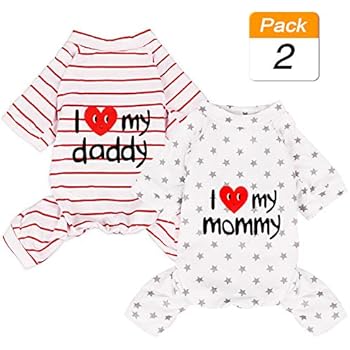 2-Pack Cotton Dog Pajamas Lightweight Dog Onesies for Small Medium Dogs and Cats Puppy Body Suits Cute Baby Dog Jumpsuit I Love My Mommy/Daddy Printed Pet Clothes, Grey Stars/Red Stripes, S