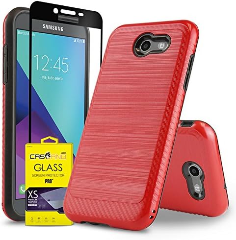 [Samsung Galaxy J3 Eclipse] Case &amp; Black Tempered Glass [Modern Series][Red] Hybrid Phone Cover [Shockproof] with Tempered Glass Screen Protector and CaselandUSA 2-in-1 Ball/Stylus Pen (Red)
