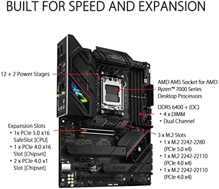 Asus rog strix b650e-f gaming wifi, placa-mãe amd ryzen am5 atx (12 + 2 fases vrm, ddr5, 3 slots m.2, pcie 5.0, wifi 6e, 2.5g lan, usb 3.2 gen 2x2 tipo c, aura rgb sync)