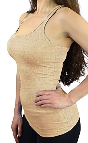 Belle Donne - Junior's Tank Top Skinny Racerback Rib Tanktop Regular Plus Size - Heather Beige/Small