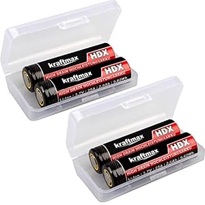 kraftmax 4er Pack HDX High Drain Akku – 3,7V / 25A / 9,62 Wh – Akkus speziell für E Zigaretten/E Shisha mit Schutzschaltung