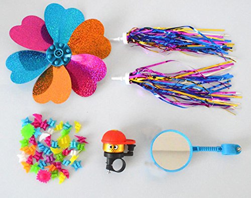 1Set(5PCS) Kids Bike Accessories Bicycle Grips Sparkle Tassel Ribbon Wheel Star Shape Spoke Beads Bell Ring Flower Shape Pinwheel and Color Random Mirror Scooter Decoration for Girls Boys Children