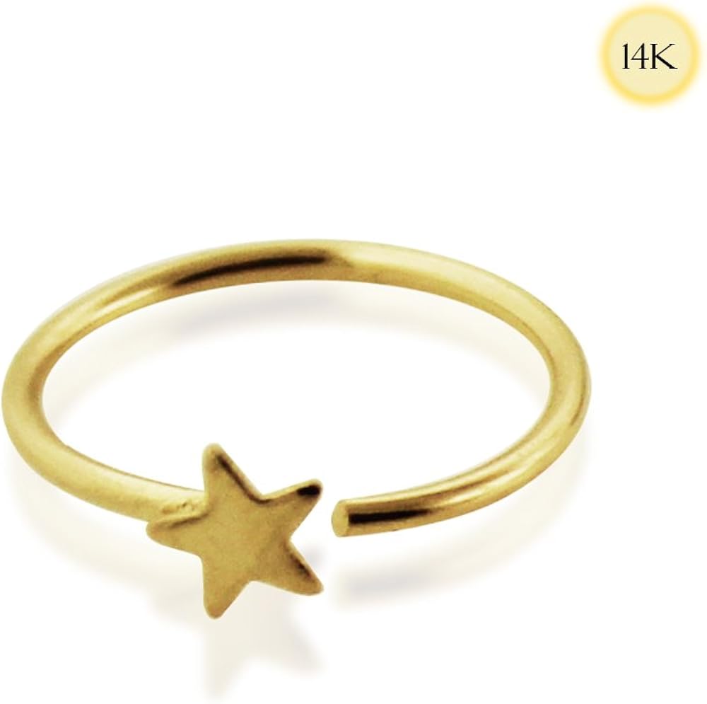 AZARIO LONDON 14K Solid Yellow Gold Plain Flat Star 22 Gauge - 8MM Diameter Open Hoop Nose Piercing Ring Jewellery - Image 3