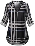SeSe Code Long Sleeve Casual Shirts for Women Ladies Plaid 2XL Tunic for Leggings Work Office Wear Maternity High Low Top Stretch Ruffles Baggy V Neck Blouse Gray and Black XXL
