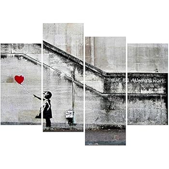 Pyradecor Banksy Grafitti Girl with Red Balloon Large 4 Panels Modern Stretched and Framed Giclee Canvas Prints Artwork Grey Love Pictures Paintings on Canvas Wall Art for Office Home Decorations L