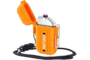 LcFun Electric Lighter - USB C Rechargeable, Windproof, Waterproof Flameless Dual Arc Plasma Lighters with Portable Lanyard for Adventure, Survival Tactical, Camping Gadgets for Men (Orange)