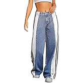 CHEZVOGUE Women's Jeans High Waisted Patchwork Stripes Loose Denim Pants Y2K Straight Color Block Wide Leg Baggy Jeans