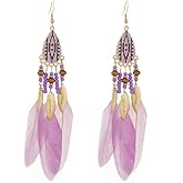 Boho Long Tassel Feather Earrings Bohemian Vintage Flower Ethnic Drop Dangle Earrings with Multi Beads and Feathers for Women