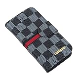 RAYTOP iPhone SE Wallet Case for Apple iPhone 5 5s Black and Gray Checker Patern Cloth Stripes With ID Card Holders Hand Strap Kickstand Function Classic Decent Design for Men Women Girls High Quality